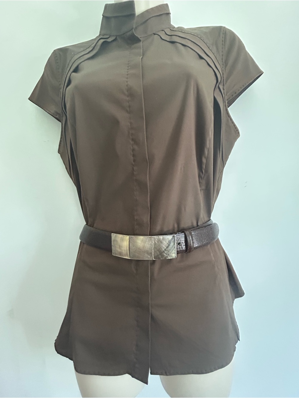 Per Se Carlisle Chocolate Brown Pleated Cap Sleeve Blouse Stretch Size 10. NWT - Picture 9 of 12